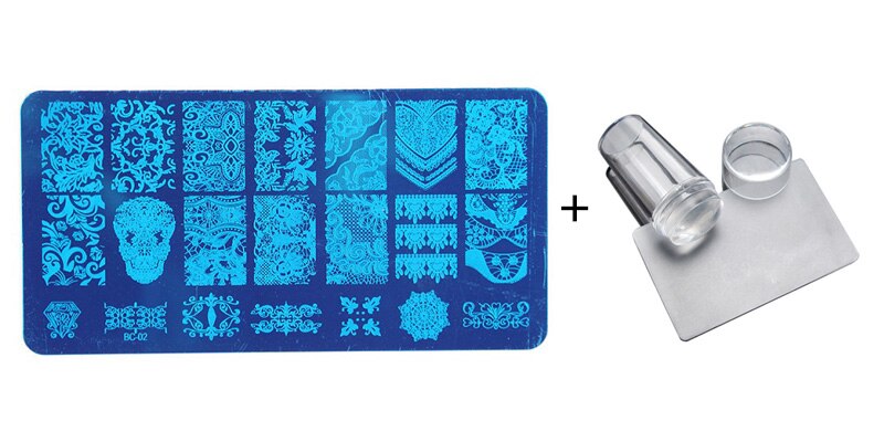 Nail Stamping Plates Set with Clear Jelly Stamper Scrapper Manicure Image Template Tool: 02