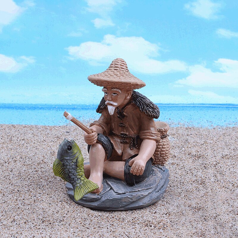 Vissen Oude Man Figuur Standbeeld, Zitten Tuin Ornament Voor Outdoor Zwembad Micro-Landschap Bonsai Tuin Ambachten Beeldjes