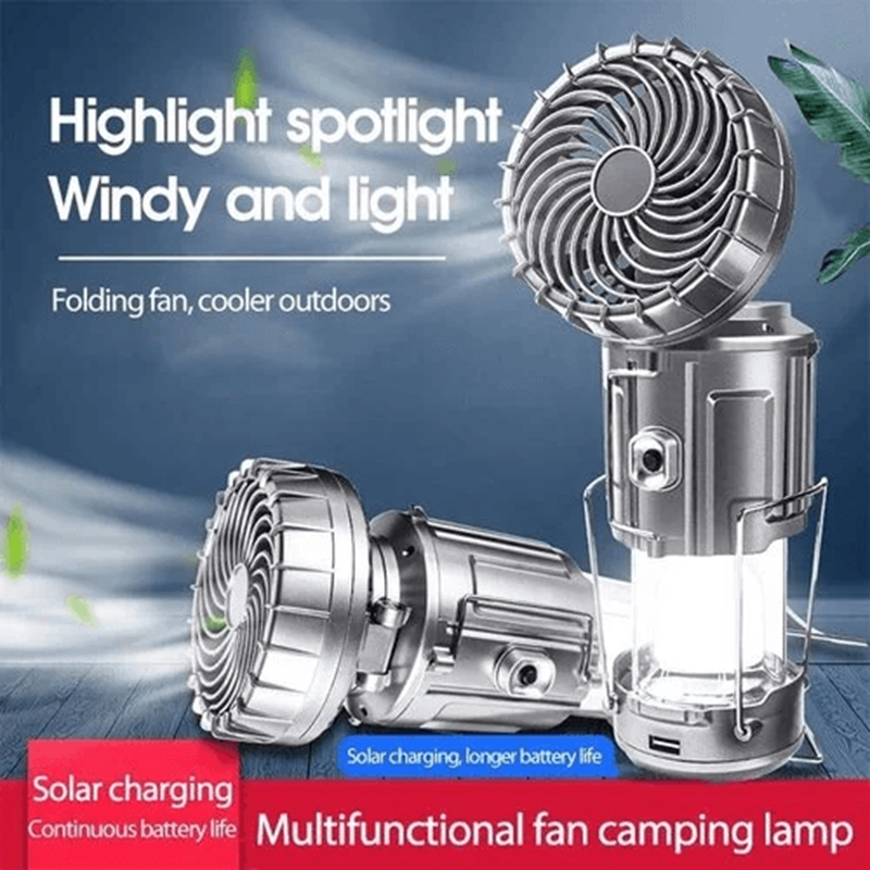 Solar Camping Lantern With Fan Portable Stretchable Electric Fan Emergency Light Outdoor Lighting Rechargeable LED Tent Light