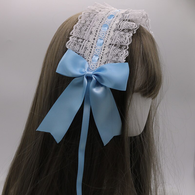 Petit bandeau Lolita japonais fait à la main, ornement pour cheveux de femme de ménage, clip latéral, accessoires pour cheveux doux: White Lace And Blue