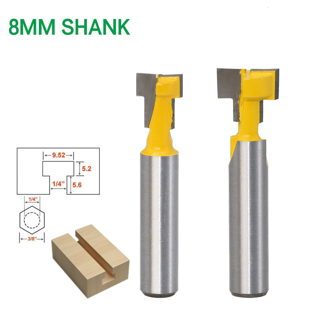 2 stks/set 8mm Schacht T-Slot Keyhole Cutter Hout Router Bit Carbide Cutter Houtbewerking Hex Bolt T- track Steken Frezen B4