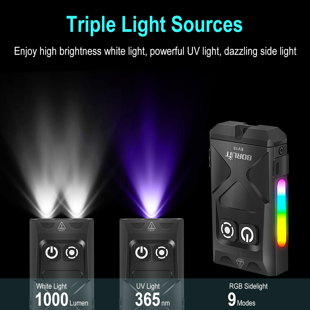 BORUiT EV15 EDC Keychain Flashlight 365nm UV Light Type-C Charging 1000LM Super Bright Mini LED Torch RGB Lamp Pocket Lantern