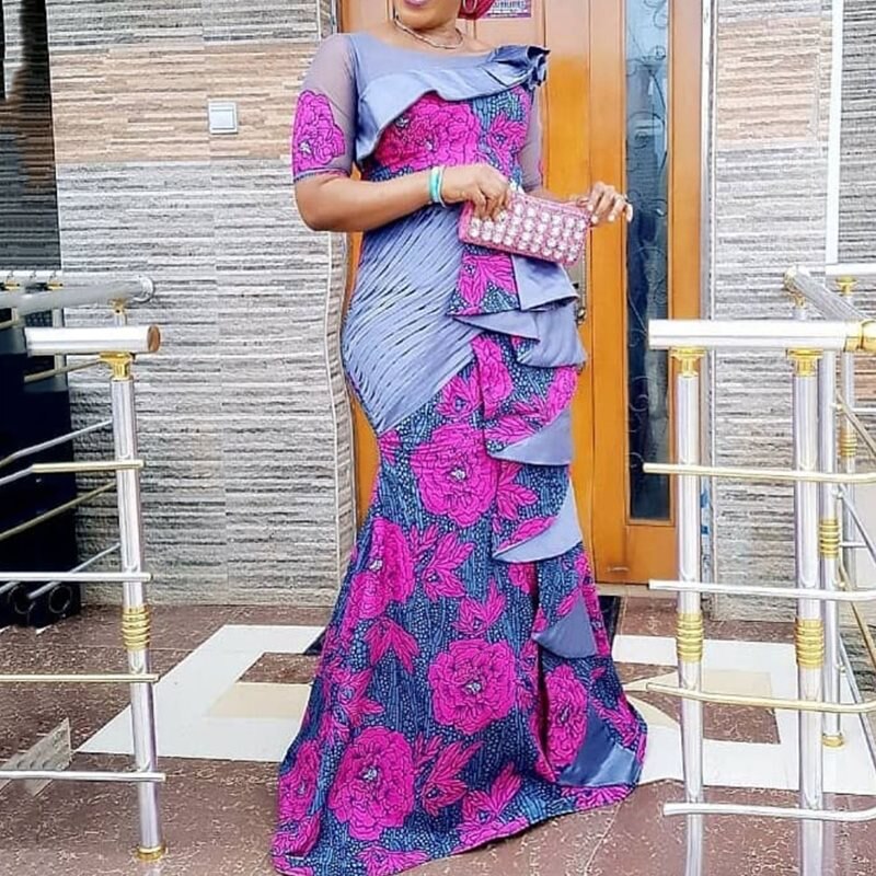 Sydafrikanske print kjole kvinder flæser flora robe africaine femme bodycon maxi havfrue kjole afrika tøj efterår vinter
