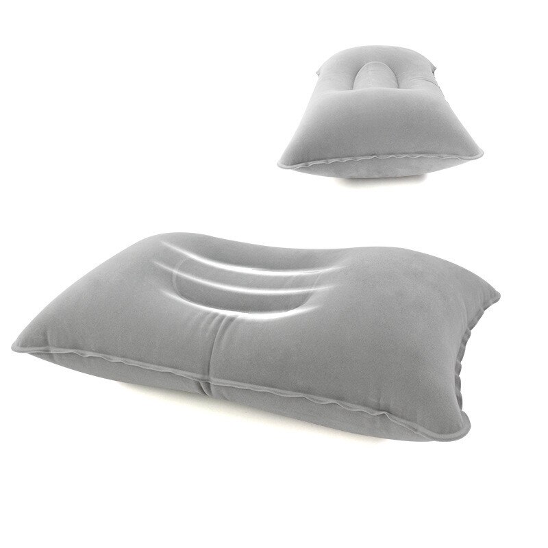 Portable Inflatable Pillow Travel Air Cushion Double Sided Flocking Cushion Camp Beach Car Plane Hotel Head Rest Bed Sleep: Light grey