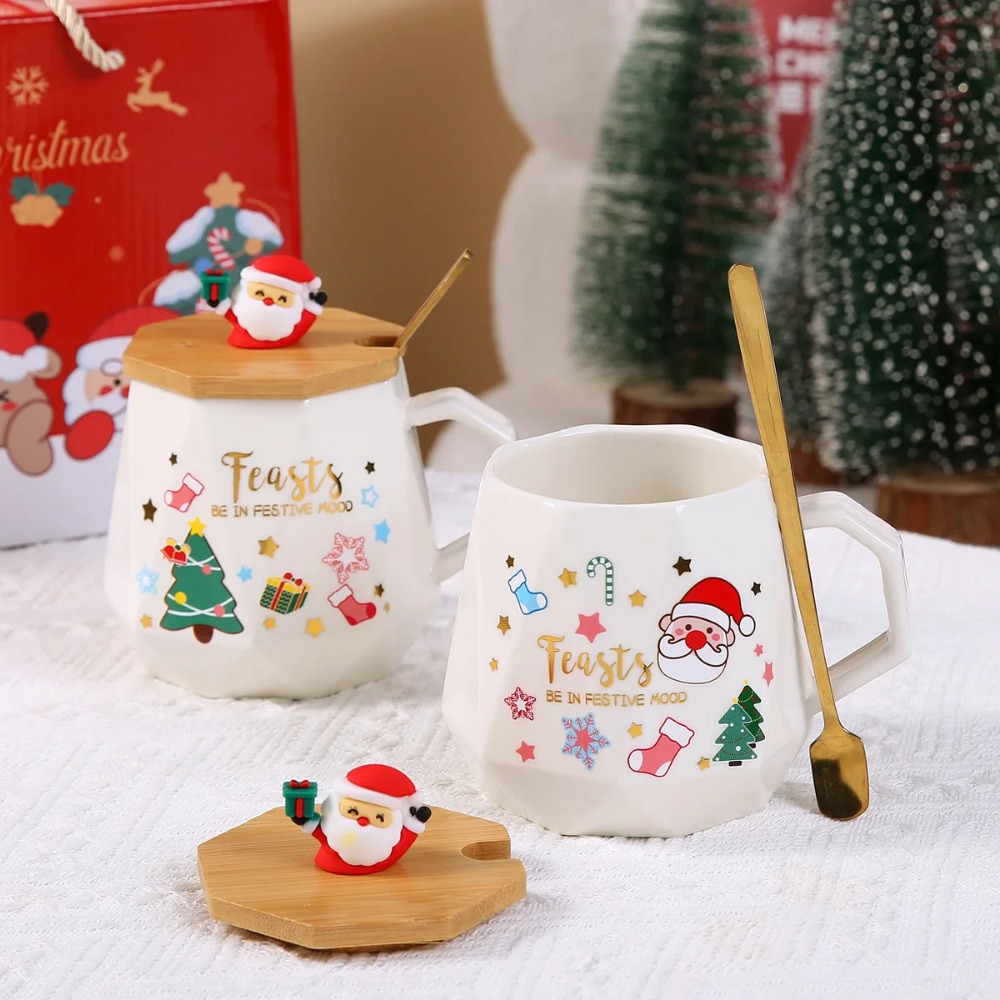 Christmas Set:Ceramic Mug with Lid Spoon Set Mug Box Featuring Santa Claus for Office or Home Use CoffeeCups