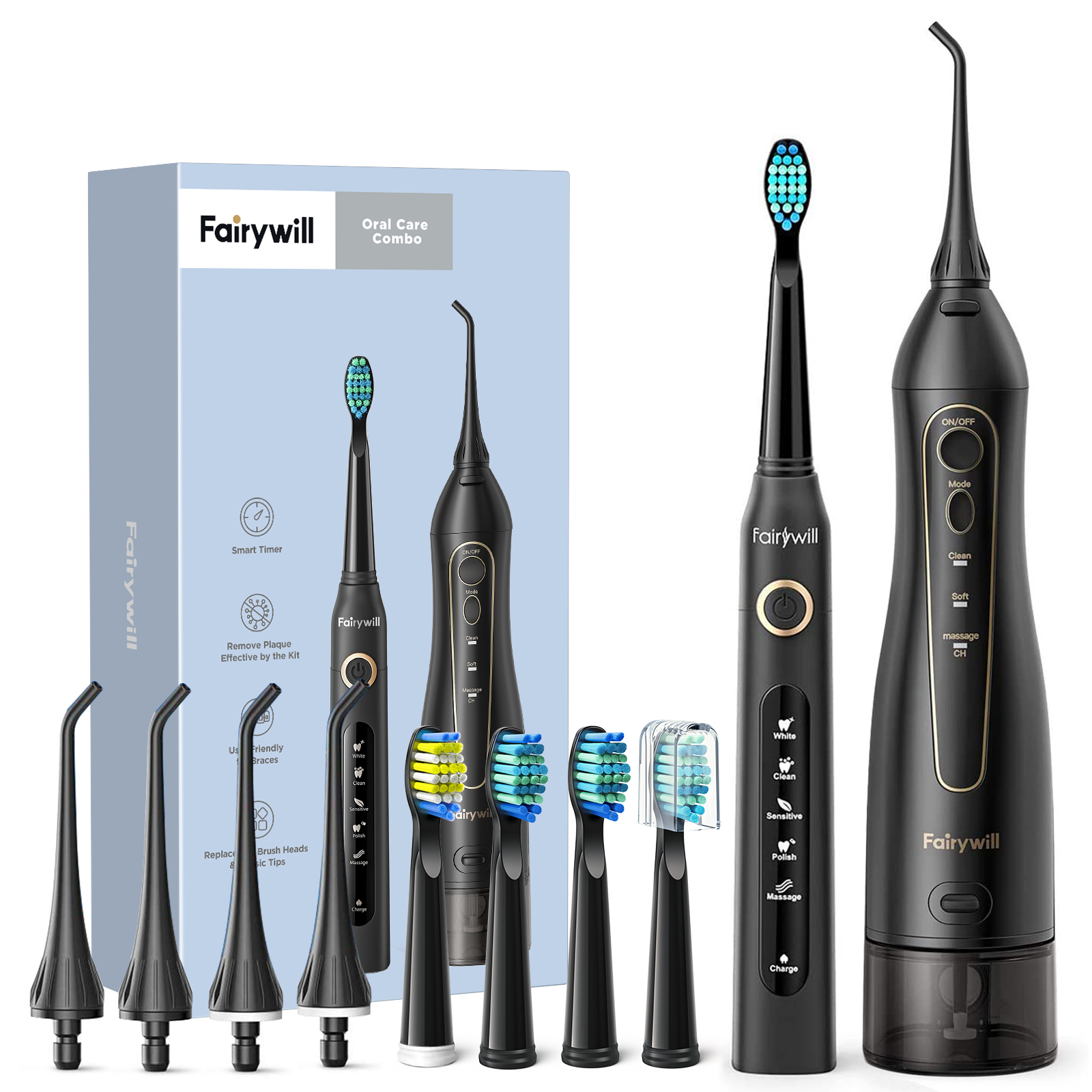 Fairywill Elektrische Schall- Zahnbürste &Ampere; Wasser Flosser USB Ladung Wasserdichte 5 Modi 3 Pinsel Köpfe Zahnbürsten Zähne Reiniger: 5020E-B-507Schwarz