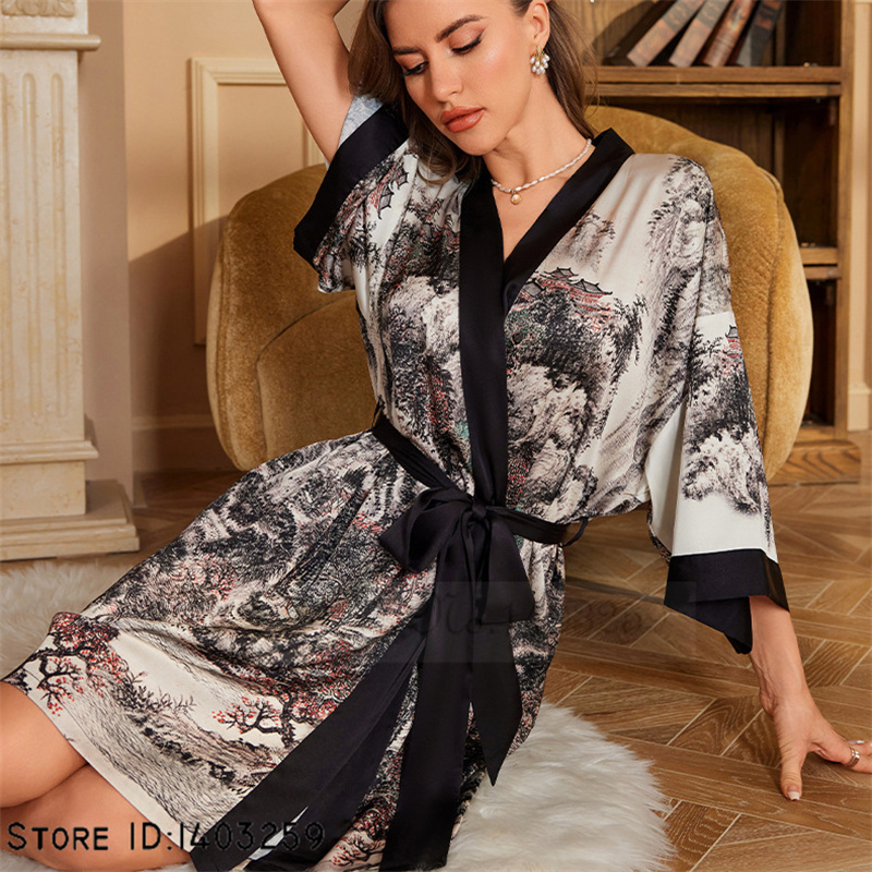Chinese Stijl Print Badjas Nachtkleding Zomer Ijs Zijde Kimono Badjas Loungewear Casual Dames Kamerjas Nachtkleding