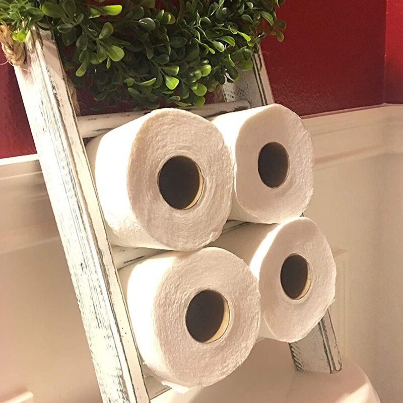 Wall-Hanging Towel Ladder Rustic Whitewashed Wood Countertop Ladder Farmhouse Decor Towels Rack with Adjustable Rope