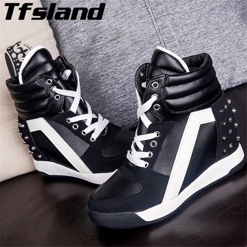 Autumn Women Height Increasing Platform Shoes Women Breathable Patchwork Wedge Shoes Rivet High Top Walking Shoes Sneakers: black rivet sneakers / 35