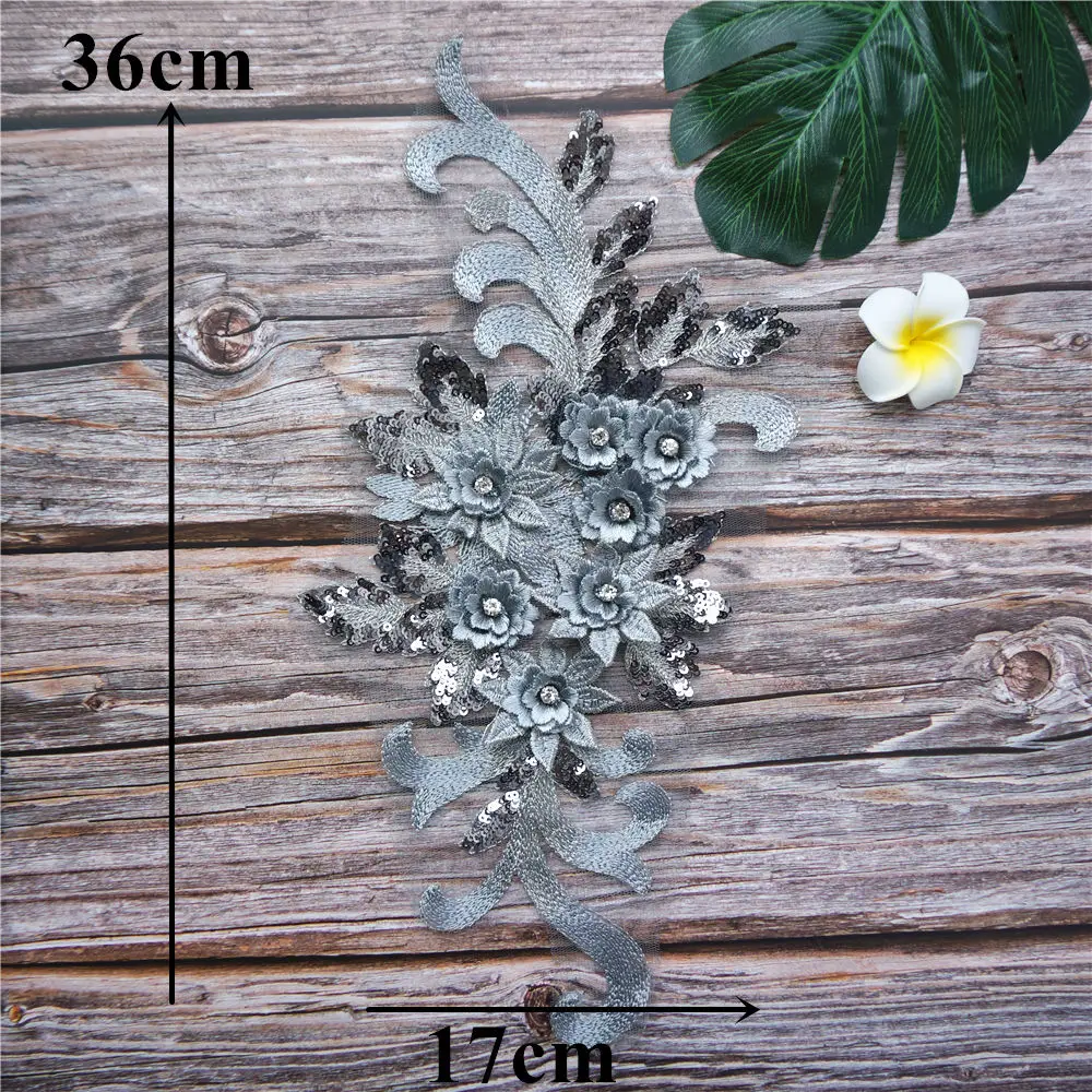 Goud Zilver Blauw Rood Kant Stof Pailletten 3d Bloemen Strass Trouwjurk Appliques Borduurwerk Naai Patch Voor Jurk Diy Decor