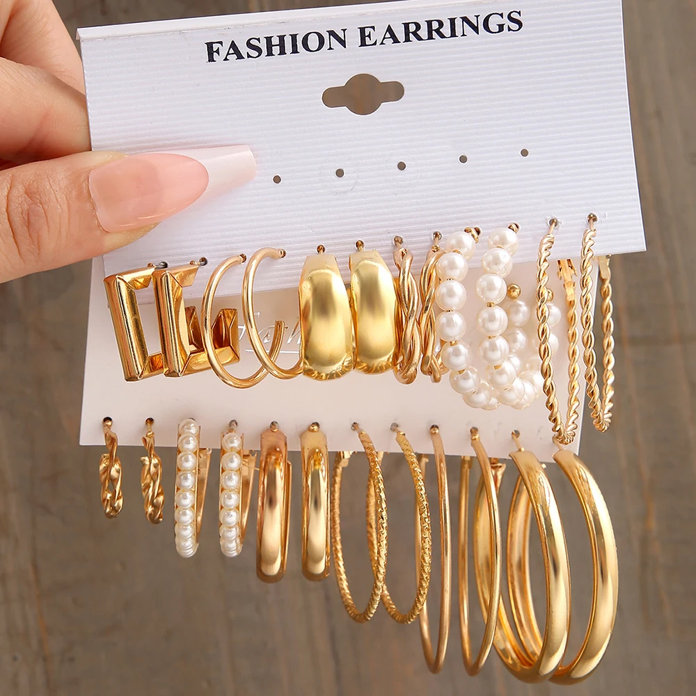Boho Big Circle Hoop Earring Set for Women, Gold Color Bohemia Vintage Pearl Earring, Heart Zircon Ear Studs Jewelry