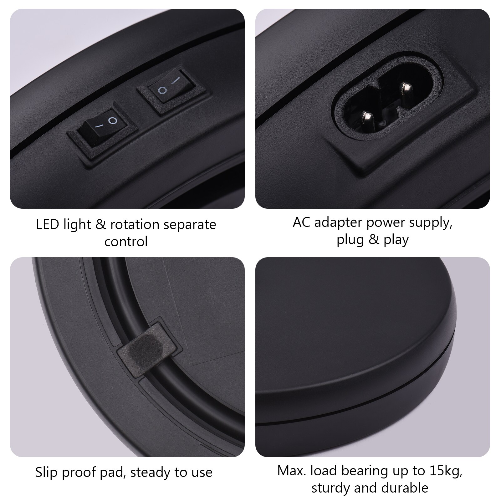 Electric Motorized Photography Turntable 360 Degree Rotatable Display with LED Light for Product Shooting Jewelry Watch Display