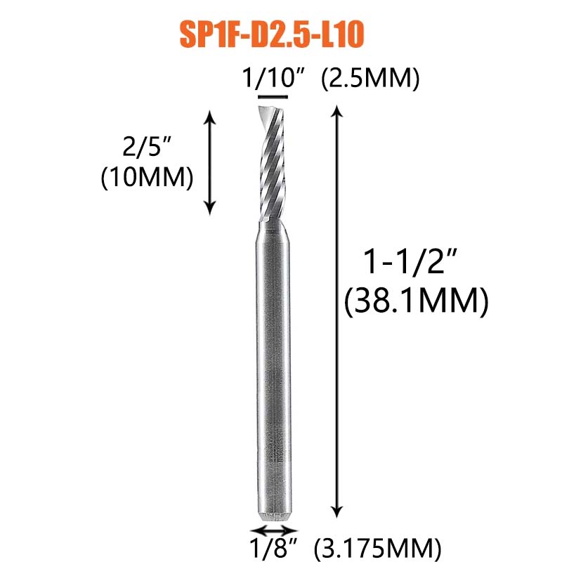 Dreanique 1pc Single Flute Spiral End Mill 1/8 1/4Inch Shank CNC Carbide Aluminum Inch Size Cutter for woodworking Acrylic ACM: 22mm