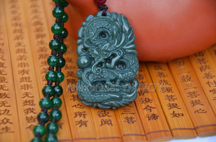 Beautiful Handwork Natural Dark Green HeTian Jade Carved Dragon Lucky Amulet Pendant + Free Necklace Certificate Fine Jewelry