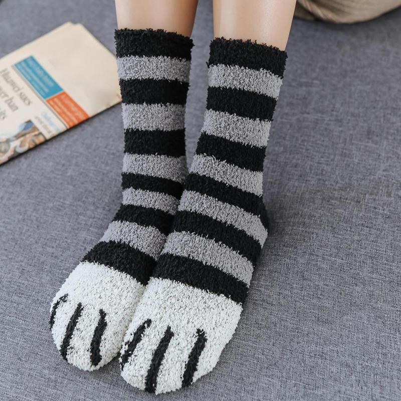 1 par Coral lana calcetines huellas gato estampado de huella Calcetines gruesos lote más cálido invierno de dibujos animados dormir de X3O6