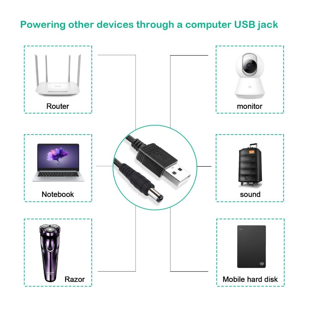 USB Typ-A Stecker auf 5,5mm x 2,1mm Fass 5 V DC Energie Kabel mit 4 Anschlüsse kompatibel mit Laptop, Router und Mehr 5 V Geräte