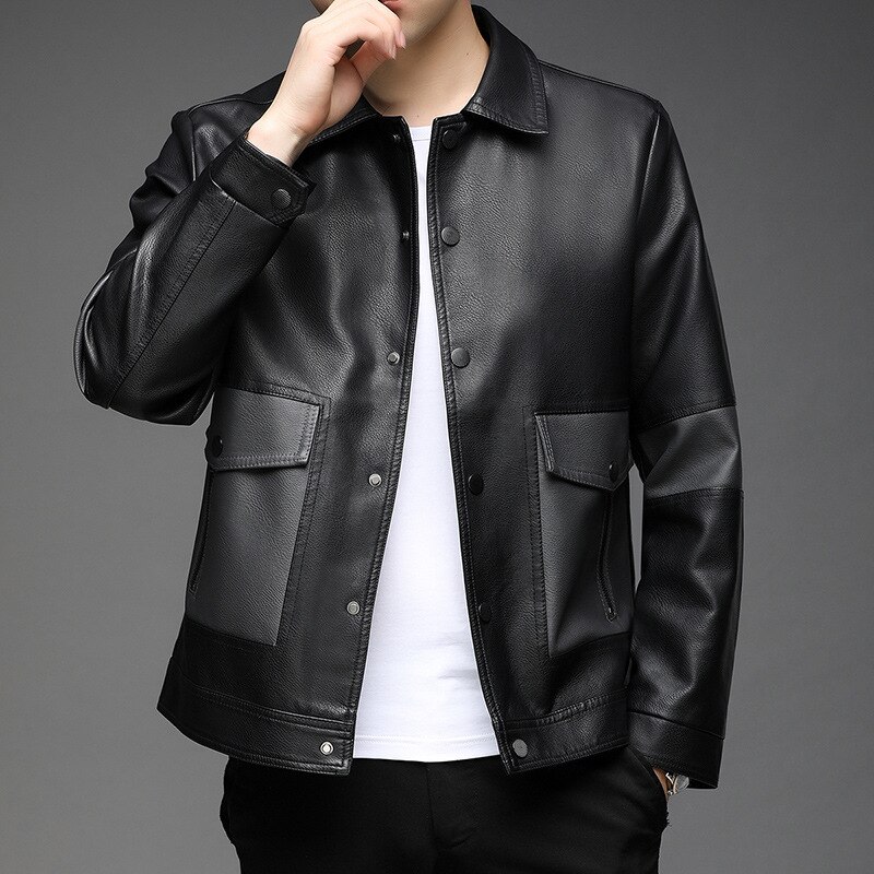 Chaqueta de cuero sintético para hombre, ropa informal de de , de , a la , clásica, 2022: Black / 180-XXL