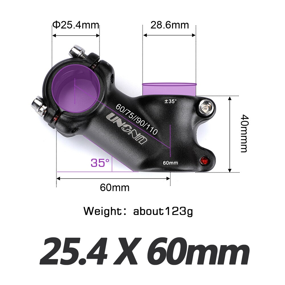 UNO Fahrrad Vorbau Steig Aluminium Legierung Fahrrad Lenker Vorbauten Schwarz MTB Vorbau 35 Grad Für 25.4/31,8mm Bar MTB Energie Fahrrad Teile: 25.4x60mm 35 Stengel