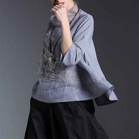 Chinese Runway Shirt Chic Embroidered Loose Gauze Shirt Women&#39;s Stand Collar Retro Shirt Tops: Blue / XL