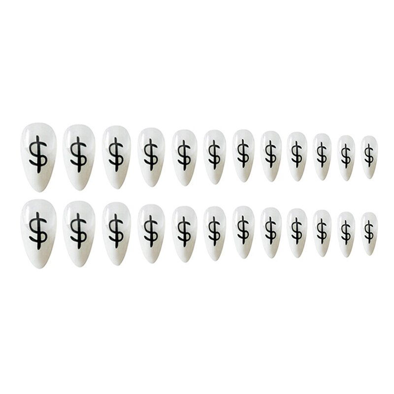 24 pièces/ensemble Dollar signe faux ongles détachable blanc pointu faux ongles décoration Nail Art outils presse sur faux ongles avec de la colle: JP936-Y2-B3