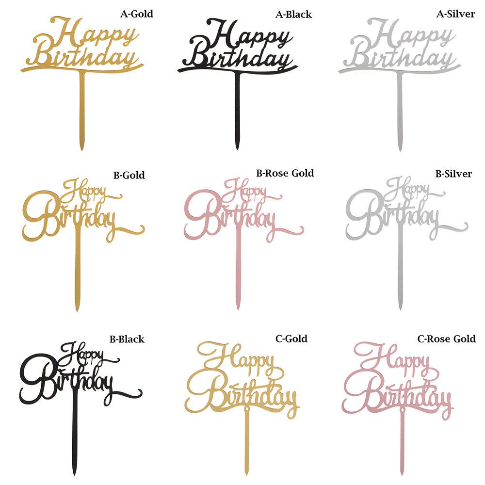 Happy birthday taarttopper van acryl met letters, goud en zilver, decoratie voor een jongensverjaardagsfeestje of bruiloft.