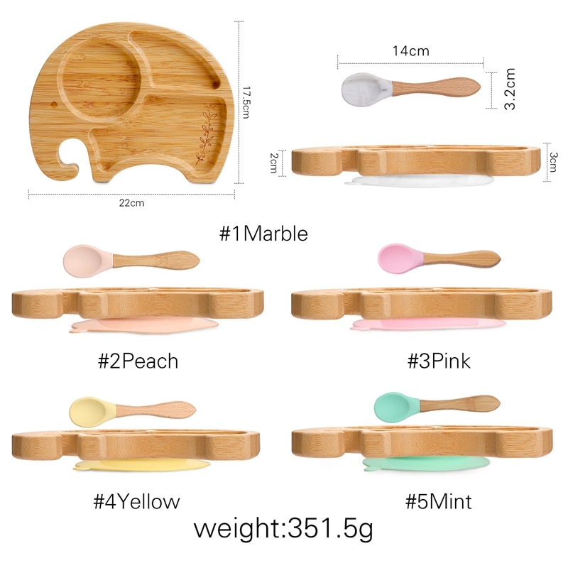 Vaisselle en bois de bambou, accessoires d&#39;alimentation pour bébé, assiette à dîner animaux de dessin animé éléphant avec ventouse, d&#39;anniversaire pour bébé 1 ensemble