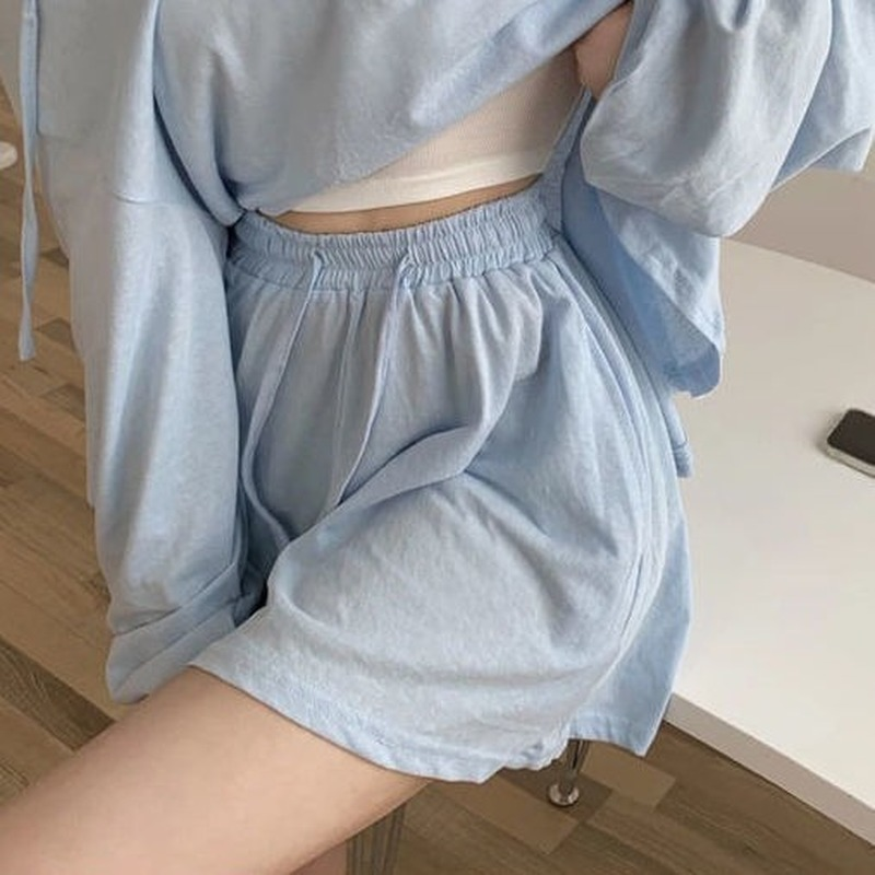 QWEEK-Pijama de algodón con pantalones cortos para mujer, ropa de estar por casa con capucha, ropa básica e informal para dormir, verano,