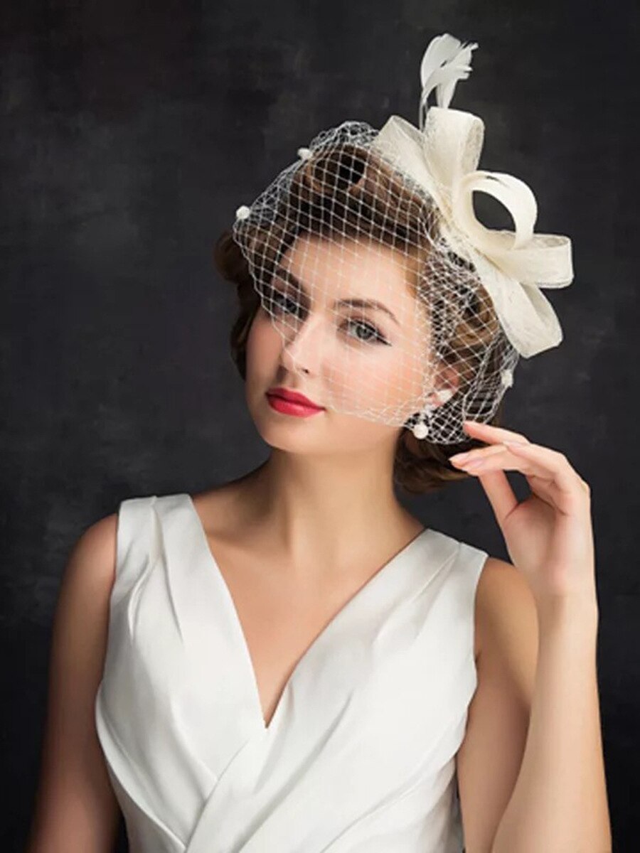 Bryllupskjole fest hår tilbehør hårklip pandebånd brude hovedbeklædning mesh hat: Hvid