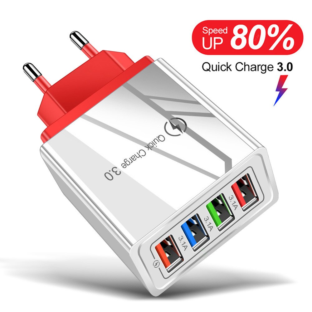 Utile 4 USB di Ricarica Rapida 3.0 del Caricatore del USB per Huawei Compagno di 30 Samsung S10 A50 tavoletta CONTROLLO di QUALITÀ 3.0 di trasporto Veloce Della Parete caricabatterie Spina di UE Adapte: rosso