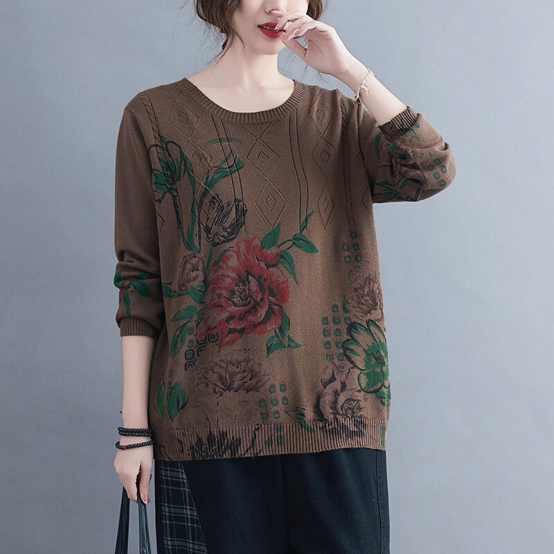 Suéteres de punto para mujer, ropa de manga larga con cuello redondo, estampado de Nuevas flores a la , talla grande, primavera y otoño