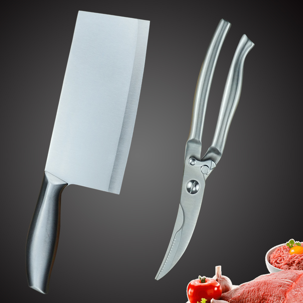 Stainless Steel Kitchen Knife Set 1-4PCS Chopping Cleaver Chef Knives Chicken Bone Scissor Cooking Tool Cutting Slicing Meat: 2PCS SET-I