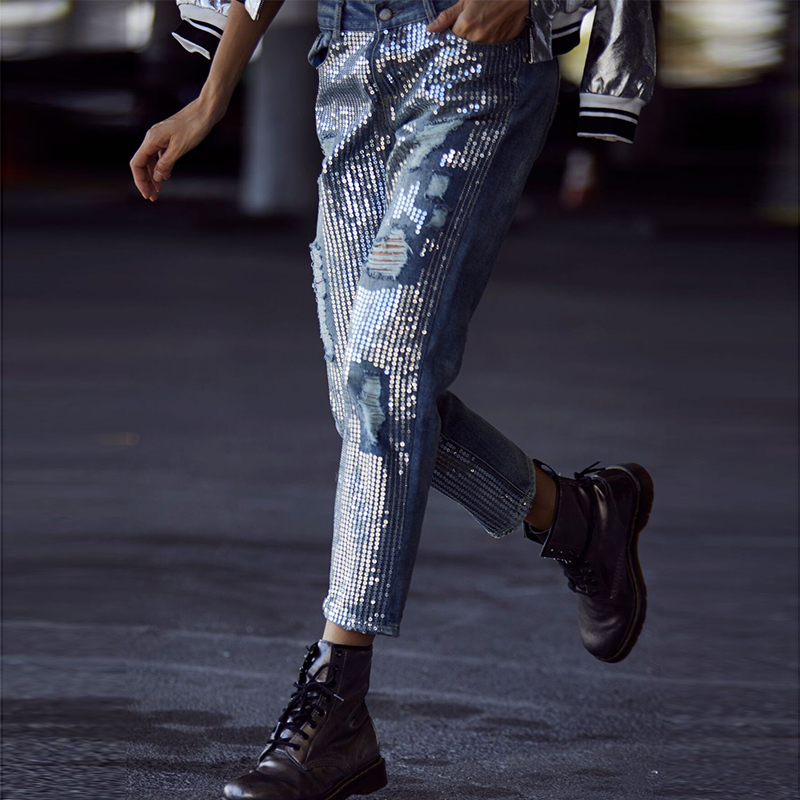 Jean pailleté femme trou déchiré détruire jean pantalon