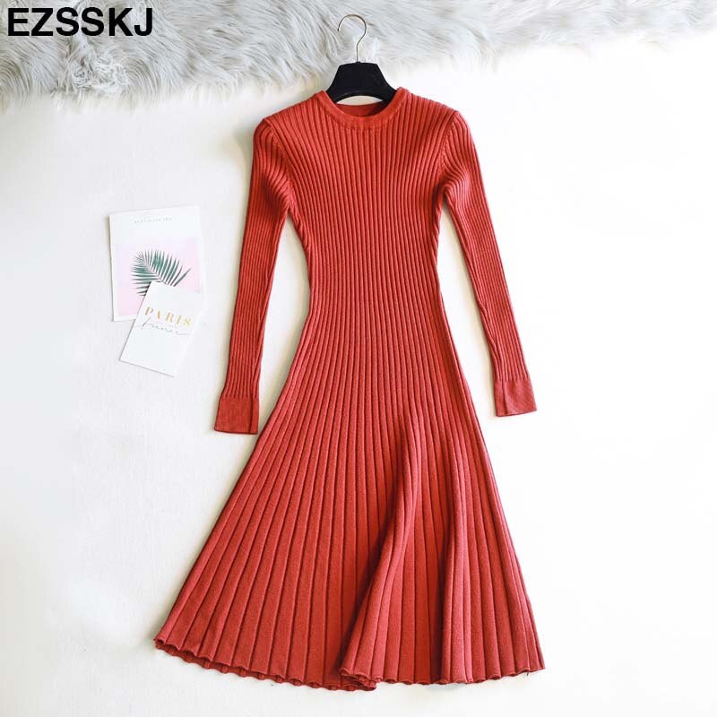 Vestido femenino de punto grueso con manga larga para otoño e invierno, traje básico con cuello redondo para mujer, corte en A, informal: Coral red