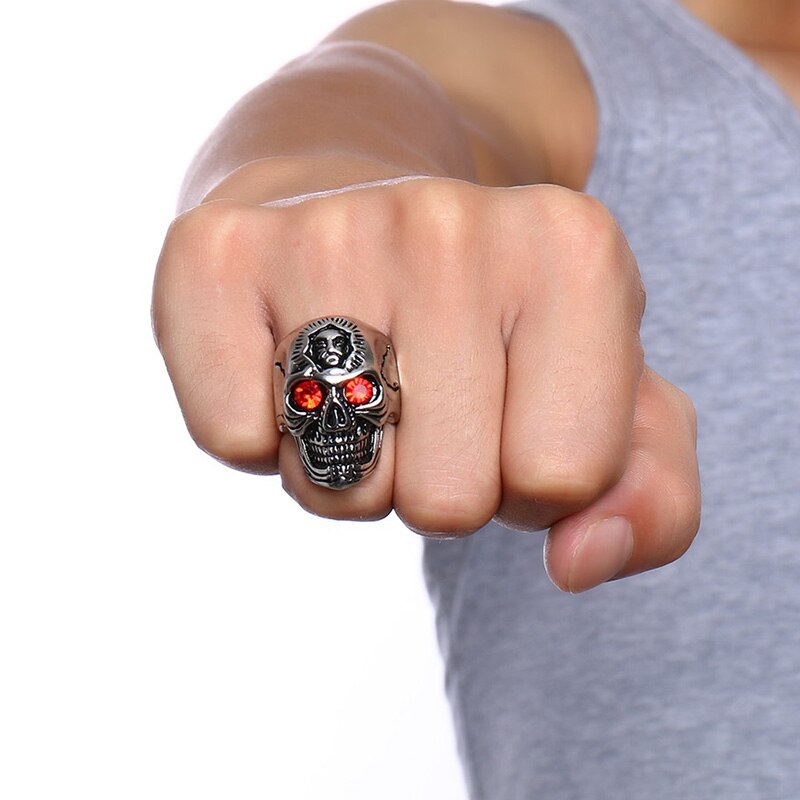 Vnox Mens Skull Ring Hiphop Stainless Steel Skeleton Rings for Men Jewelry with Red Stone Halloween Undead Decorations