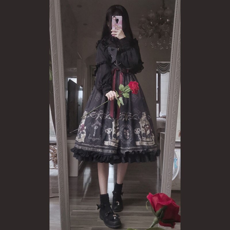 Vestido de lolita estilo completo, roupa em formato de crânio, estilo gótico, séries escuras, vestido vitoriano gótico