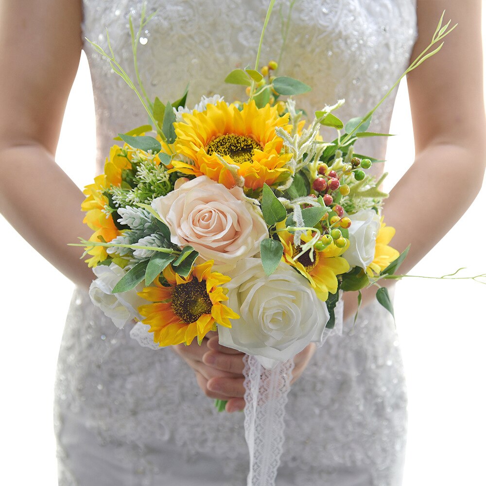 JaneVini – Bouquet de mariée tournesol jaune, fausses fleurs, feuilles vertes, roses artificielles, broches de mariée,: Bridal Bouquet A