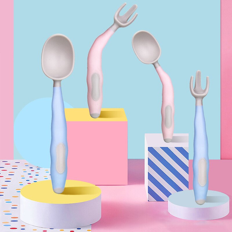 2 Teile/satz Baby Obst Gabel Löffel einstellen Nette Karikatur Baby Ausbildung Löffel Gabel Geschirr einstellen Gebogene Biegen Baby Utensil setzt