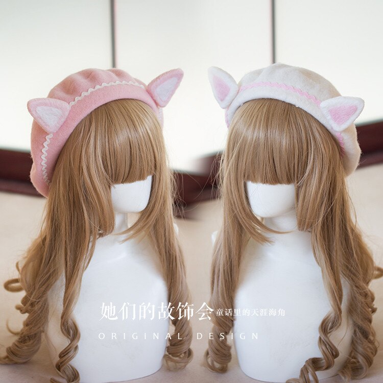 Dulce princesa Lolita hermosa Oreja de Gato boinas femenino lindo boinas de lana para el invierno de estilo japonés Mori chica invierno de lana gorra