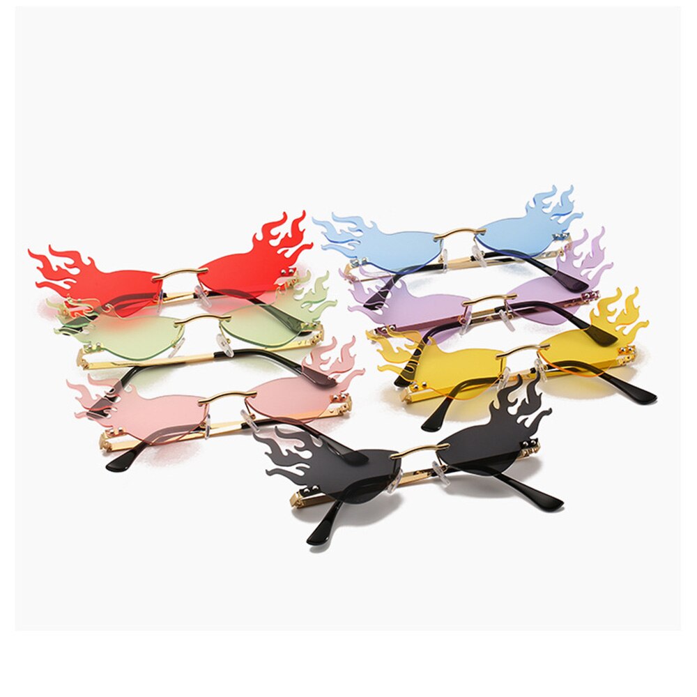 Gafas de sol con estilo de llamas de fuego para mujer, anteojos de sol femeninos de , con forma onduladas, sin marco, metálico clásico, lentes ópticas de espejo, con UV400