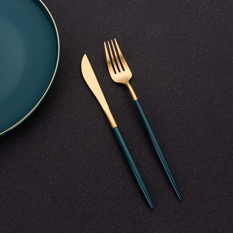 4 Pieces Gold Matte Cutlery Set Dinnerware Set Stainless Steel Green Flatware Set Tableware Knife Spoon Teaspoon Kitchen Set