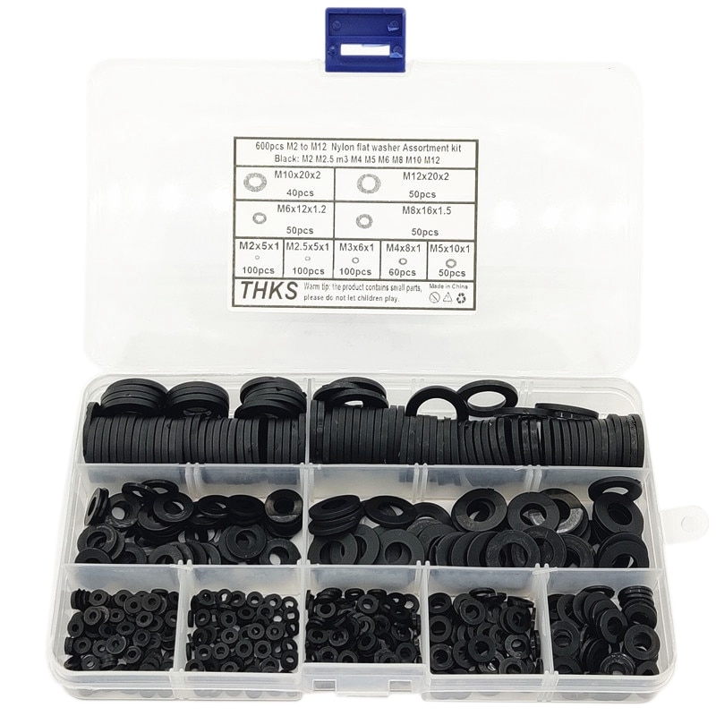 600 stk sort nylon gummi fladskive sortiment kit til  m2 m2.5 m3 m4 m5 m6 m8 m10 m12 almindelige reparations skive møbler pakning kit: Default Title