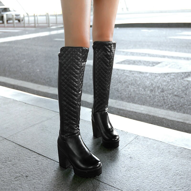 Frauen Schuhe Winter Plüsch Platz hoch Hacke Kniehohe Stiefel Plattform Reißverschluss Stiefel Runde Kappe Stiefel Schnee Weiß Schwarz: Schwarz / 10,5
