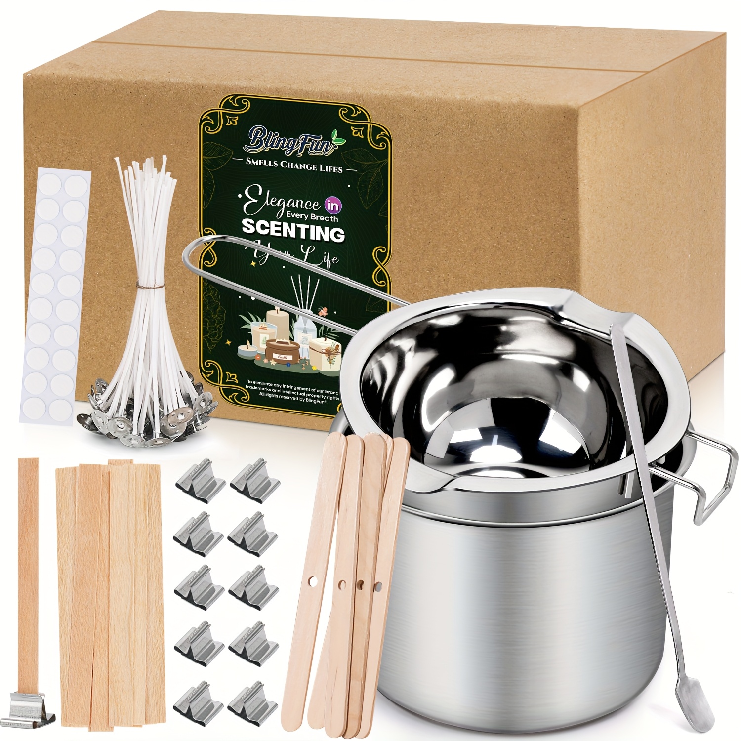 BlingFun Candle Making Kit with Melting Pot, Wicks, Wooden Wicks, Wick stickers, and Wick Holders