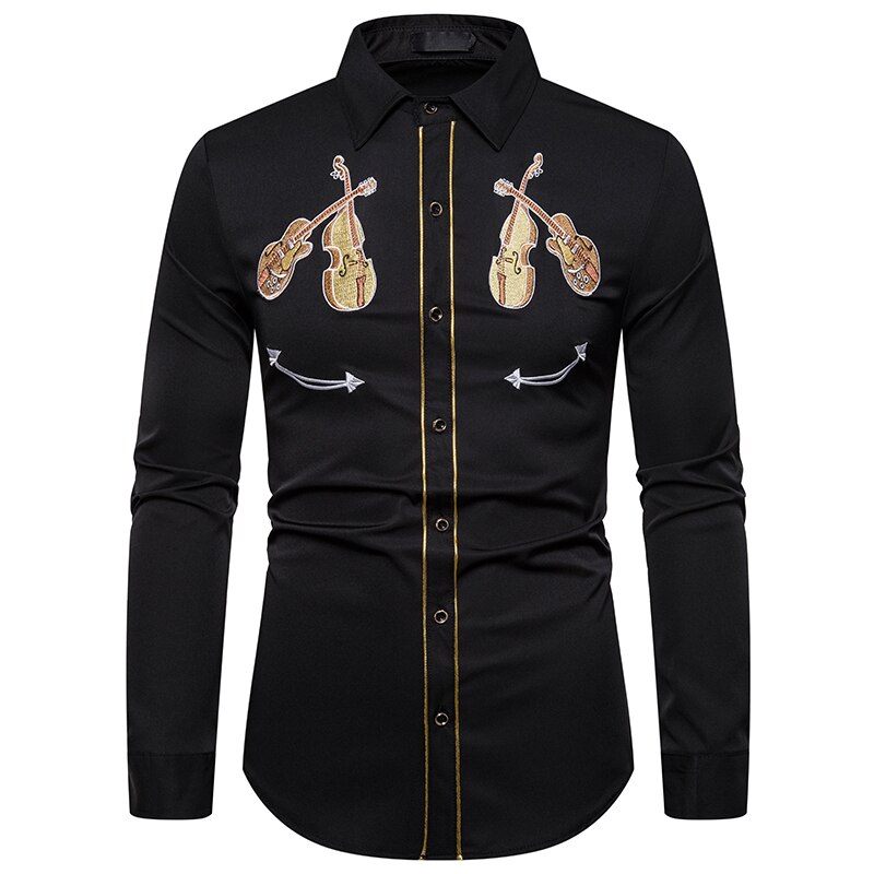 Mænds western cowboy violin broderi skjorte afslappet button down skjorter slim fit langærmede festskjorter personlighed