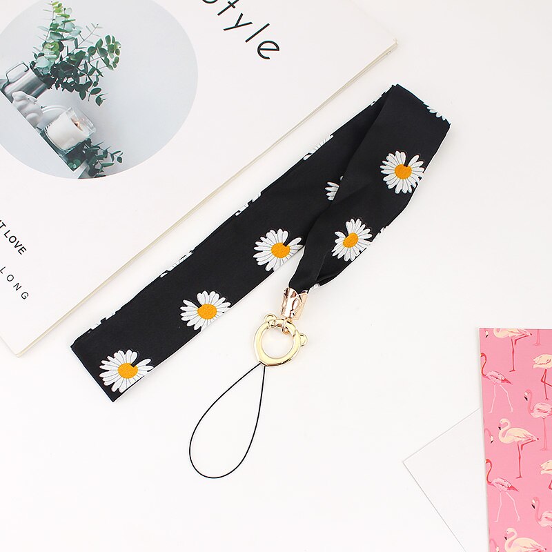 Moda feminina lenço de seda telefone cordão do telefone móvel pescoço cinta temperamento tecido fresco cordão para chaves chaveiro cinta: daisy