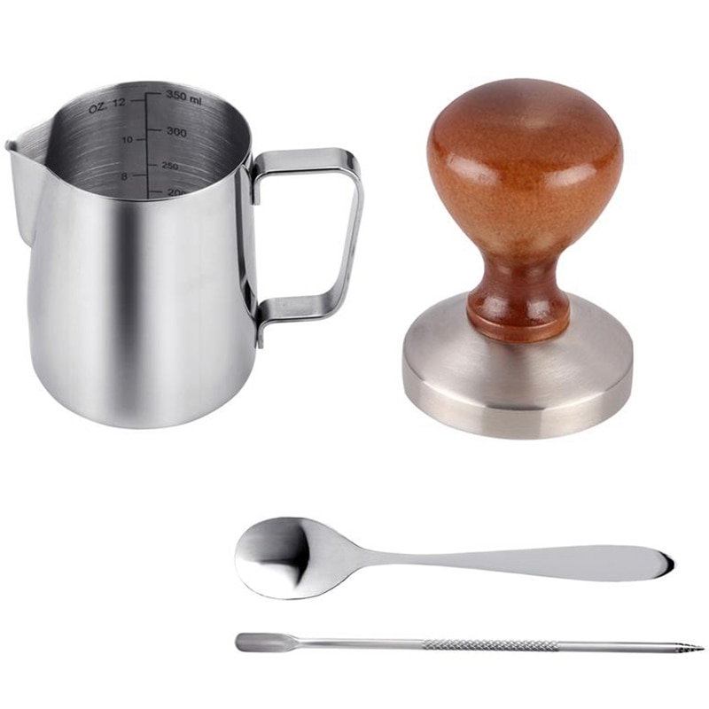 4 stuks koffieaccessoires: 58mm roestvrijstalen koffietampers met 12oz opschuimers, een koffielepel en een latte art-pen: Default Title