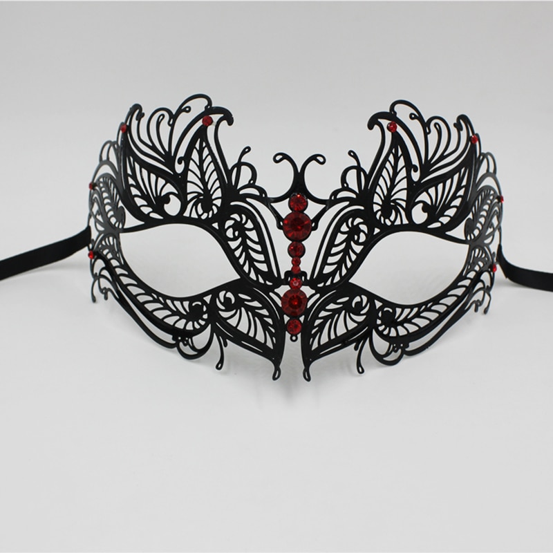 Masque de mascarade noire vénitienne pour femmes, , en métal léger, à strass rouges, bleus ou roses, pour Costume de fête, bal de mariage