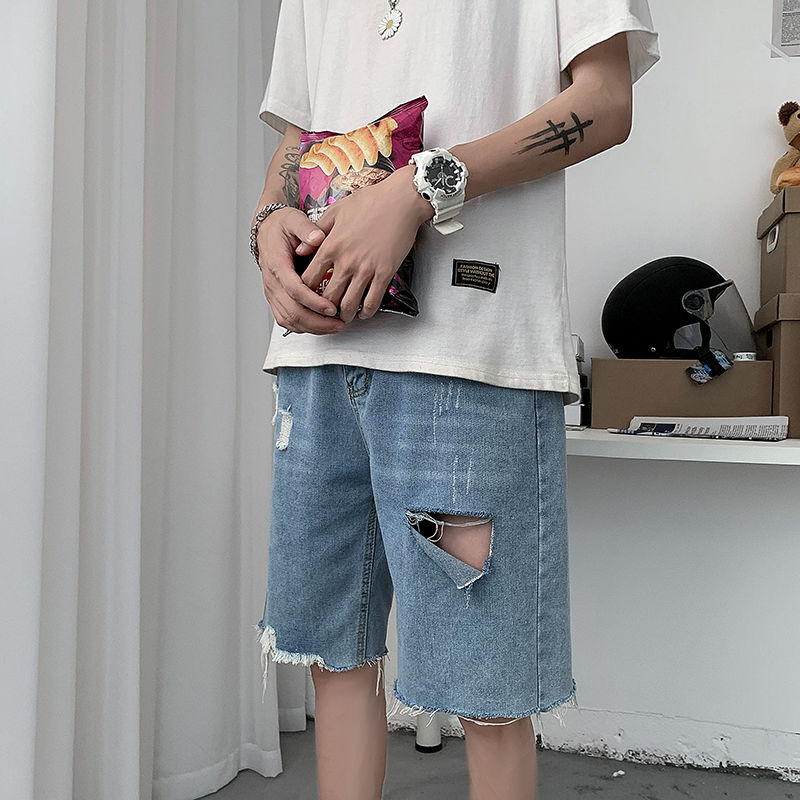 Sommer ripped denim shorts herre retro afslappet hul korte jeans herre streetwear løse lige denim shorts herre s -3xl