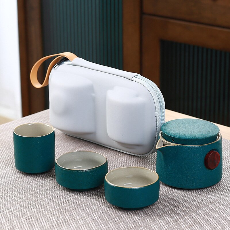 Tea Set One Pot Two Cup Set Porcelain Kung Fu Tea Set Storage Bag Teaware Portable Travel Ceramic: Green