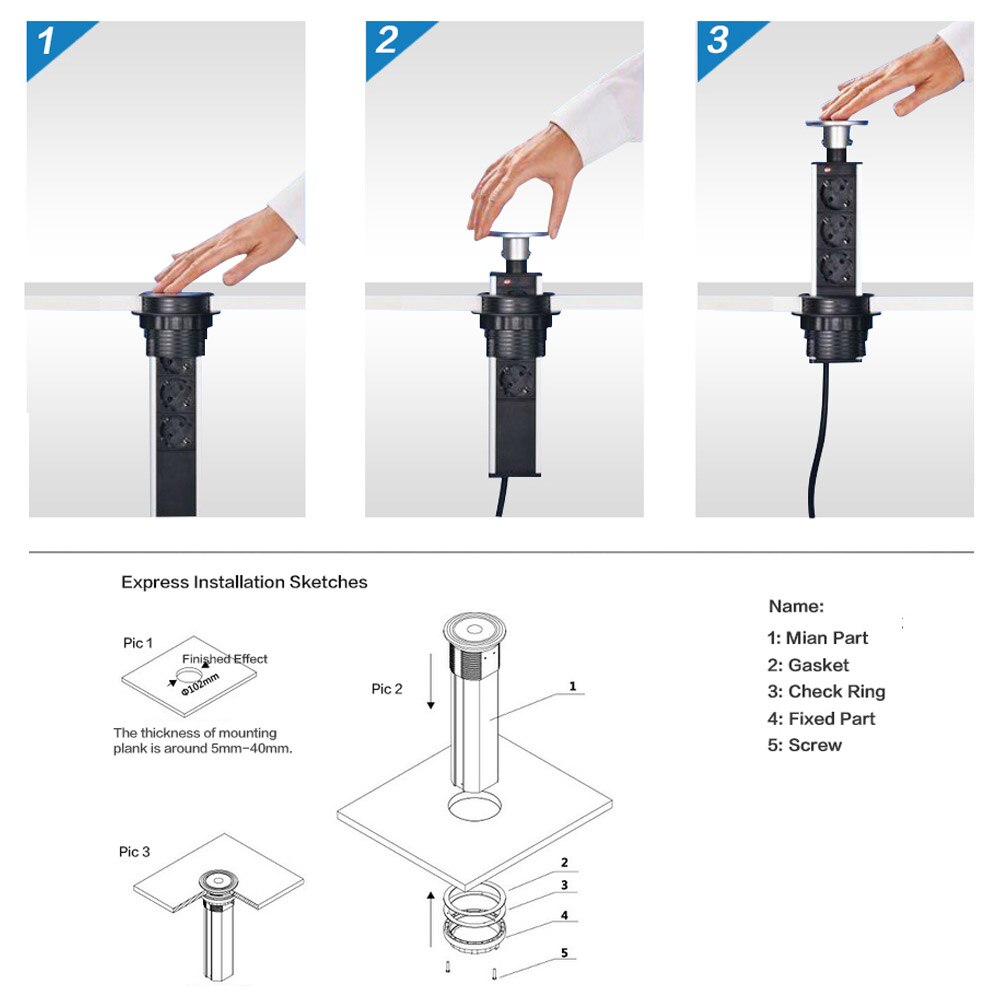 3 / 4 Power Ports Electrical Tensile Power Outlet Plug Worktop Desk Home Pull Up Socket With 2pcs USB Connecting Ports